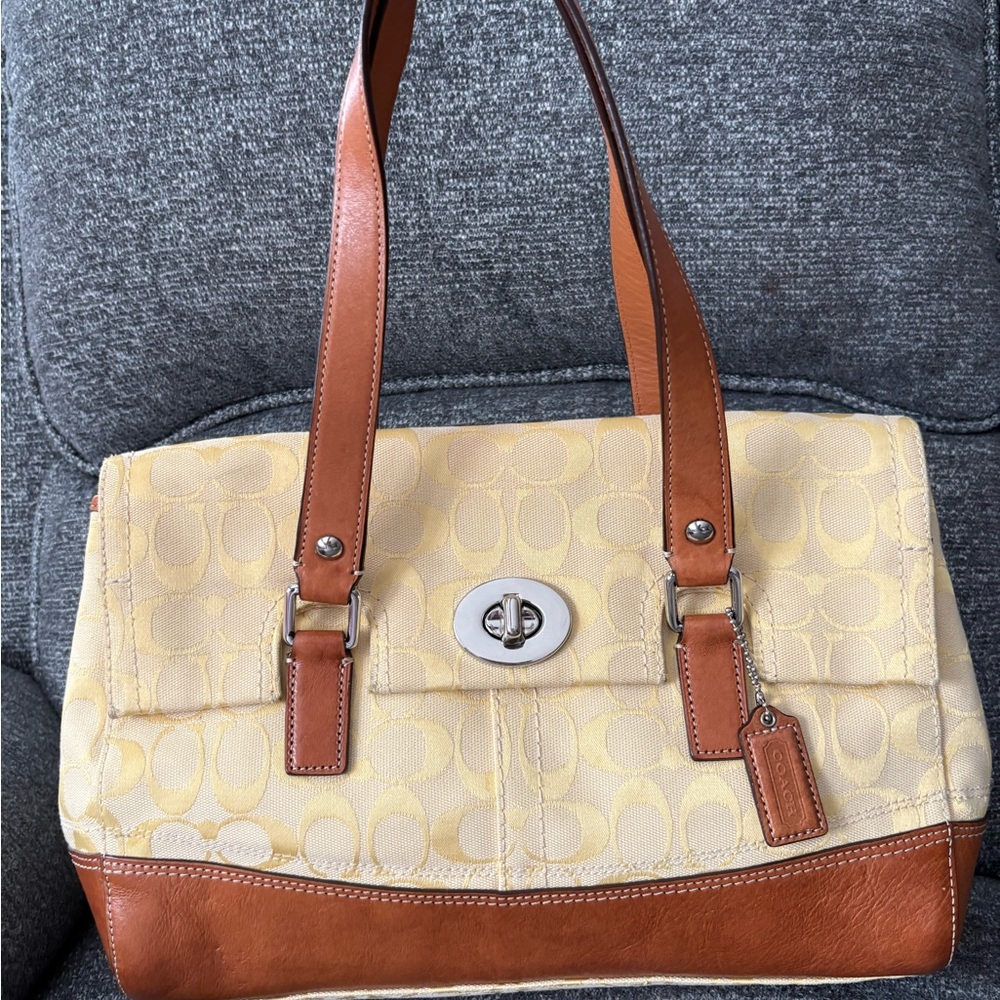 Coach Yellow Signature Canvas Shoulder Bag with Brown Leather Trim